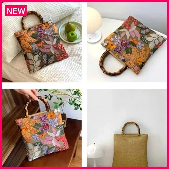 Bamboo Handle Embroidered Clutch Bag, Large Capacity, Retro Style Evening Bag - Picture 3 of 8